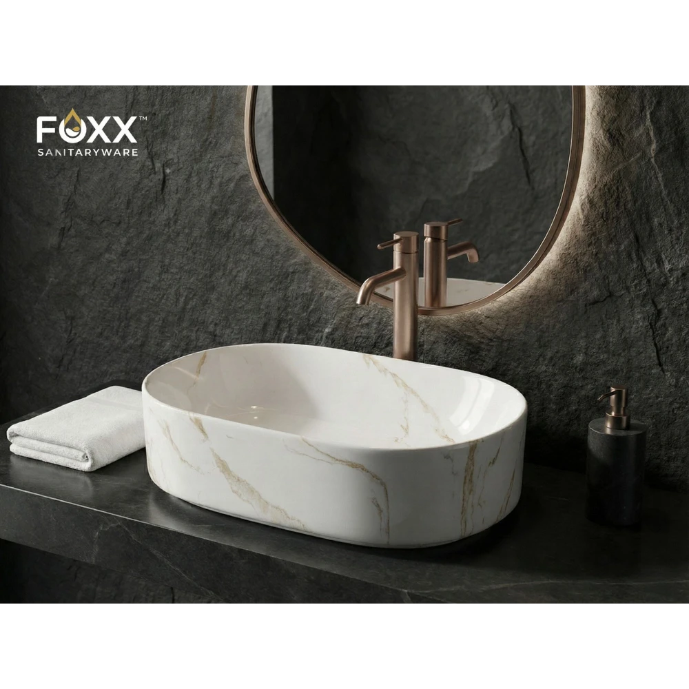 Foxx Sanitaryware Ceramic Premium Wash basin for Home, Hotels (19x13x5)(M-34-OL) (19x13x5) Royal (M34-OL) Table Top Basin (Light Ivory & White Design)