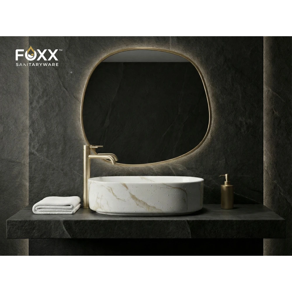 Foxx Sanitaryware Ceramic Premium Wash basin for Home, Hotels (19x13x5)(M-34-OL) (19x13x5) Royal (M34-OL) Table Top Basin (Light Ivory & White Design)