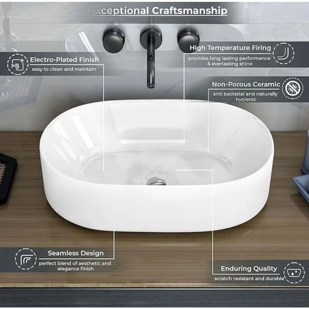 FOXX Ceramic Premium High Gloss White Wash basin for Bathroom, Hotels (19x13x5) (HR-Series) (Premium Plain White) Table Top Basin (White)
