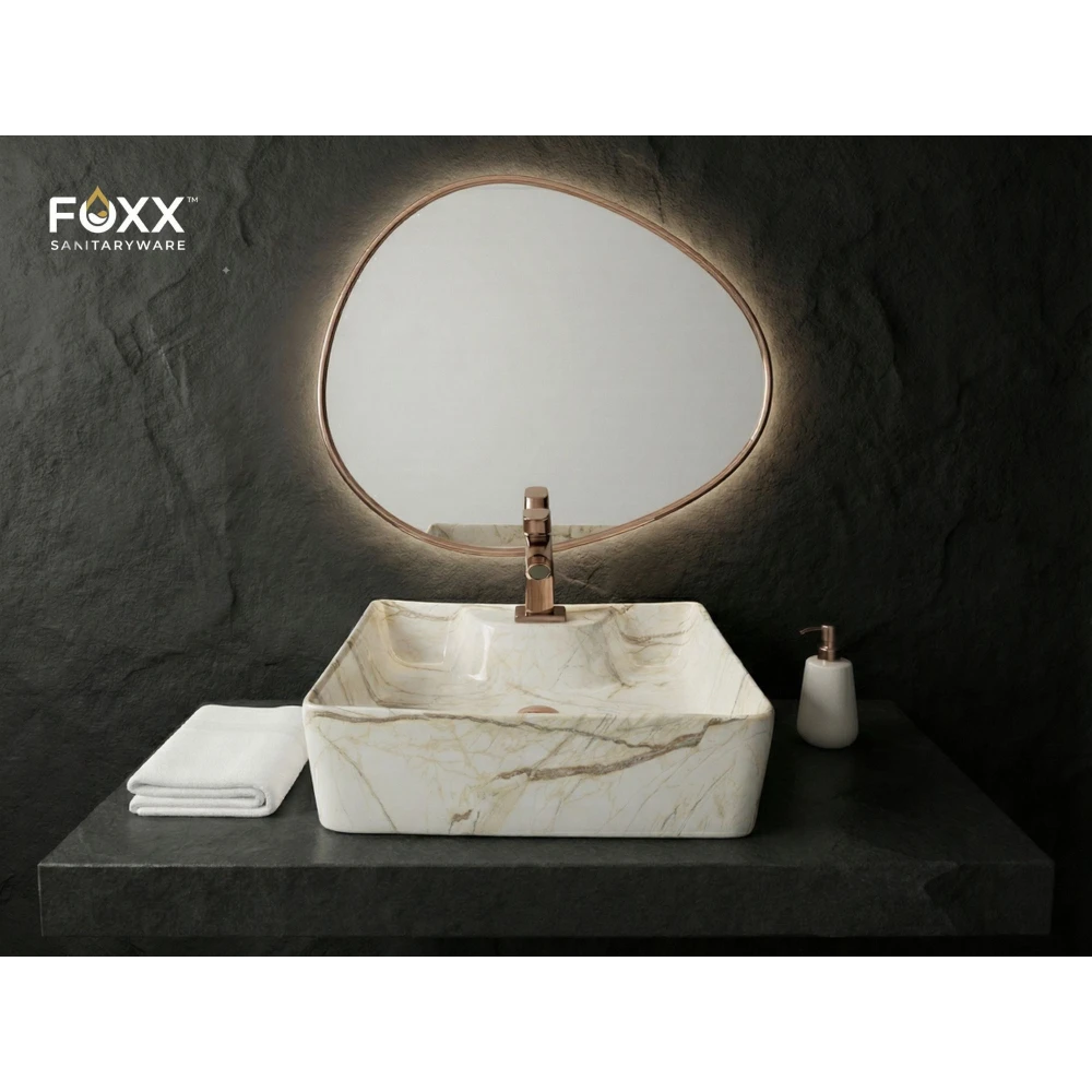 Foxx Sanitaryware 2 in 1 Wall Mount & Table top Ceramic Premium Designer Wash Basin(16x12x5)(M-09) (16x12x5) (M09) Wall Hung Basin (Ivory Marble Figure)