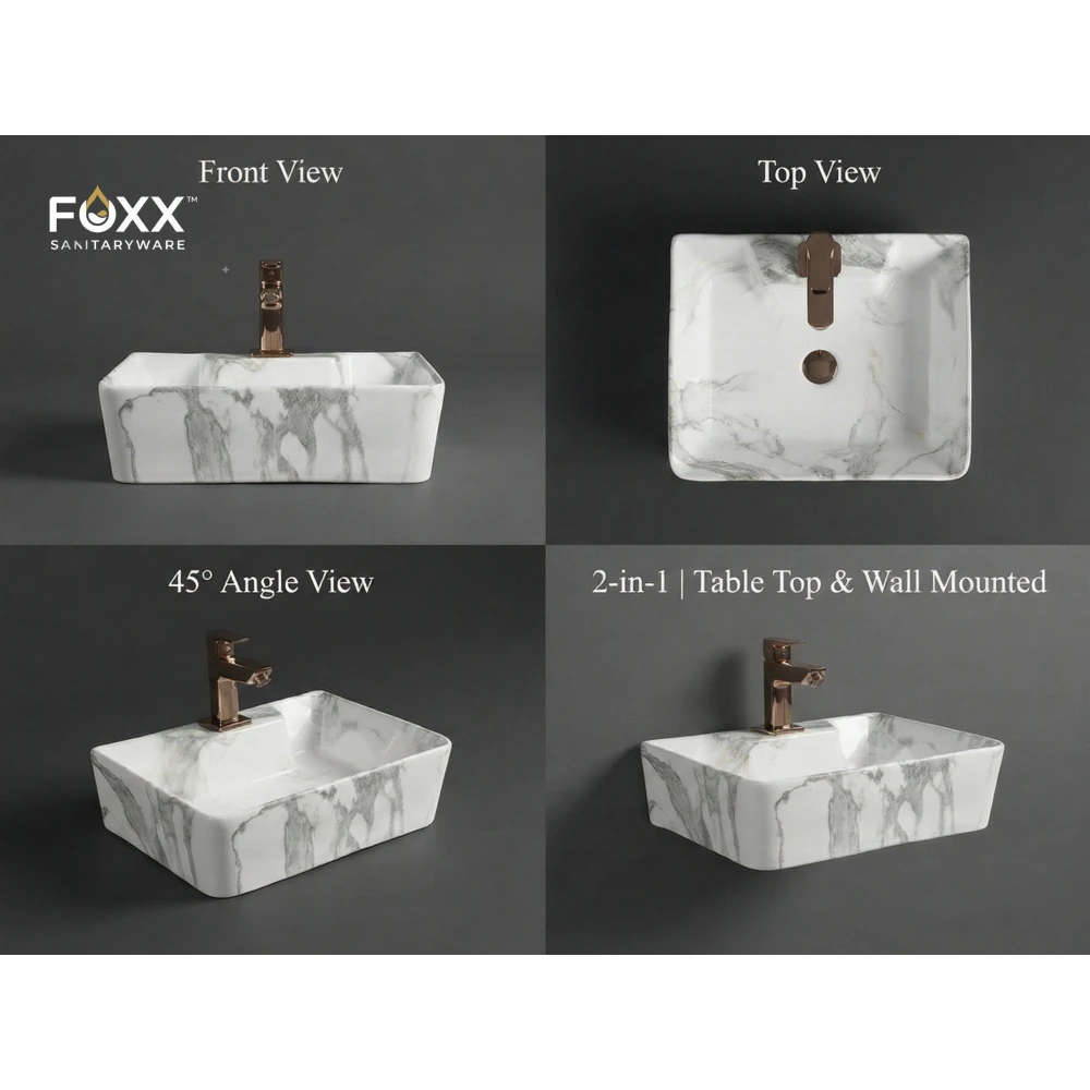 Foxx Sanitaryware 2 in 1 Wall Mount & Table top Ceramic Premium Designer Wash Basin(16x12x5)(M-60) (16x12x5) (M60) Wall Hung Basin (White & Grey Marble Figure)