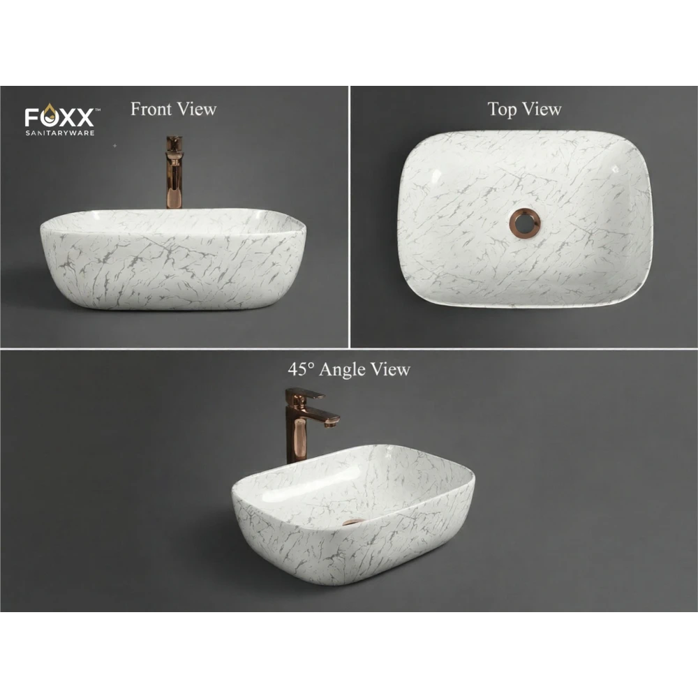 Foxx Sanitaryware Ceramic Premium Designer Wash basin for Home, Hotels (18x13x5)(M-03) (18x13x5) (M-03) Table Top Basin (White & Silver Design)