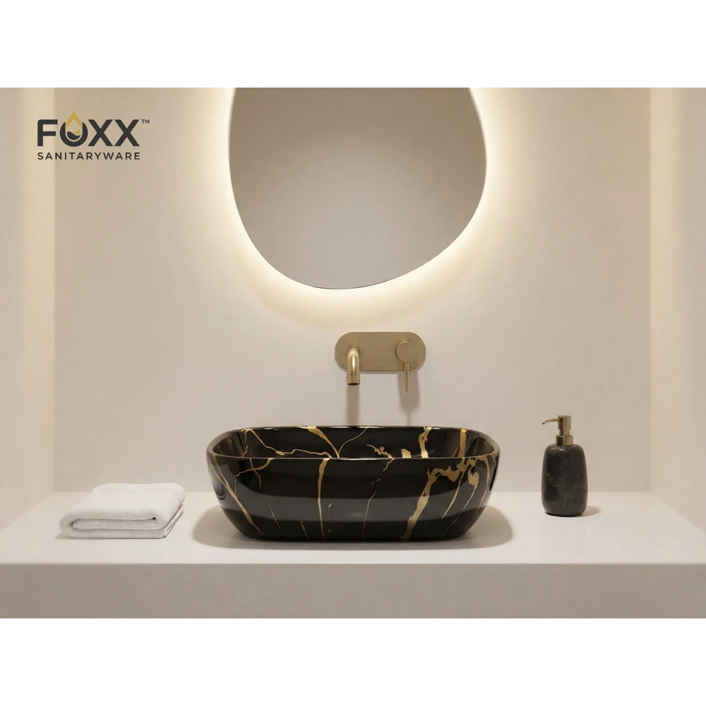 Foxx Sanitaryware Ceramic Premium Wash basin for Home, Hotels (18x13x5)(M-53) (18x13x5) Royal (M53) Table Top Basin (Foxx Midnight Gold)