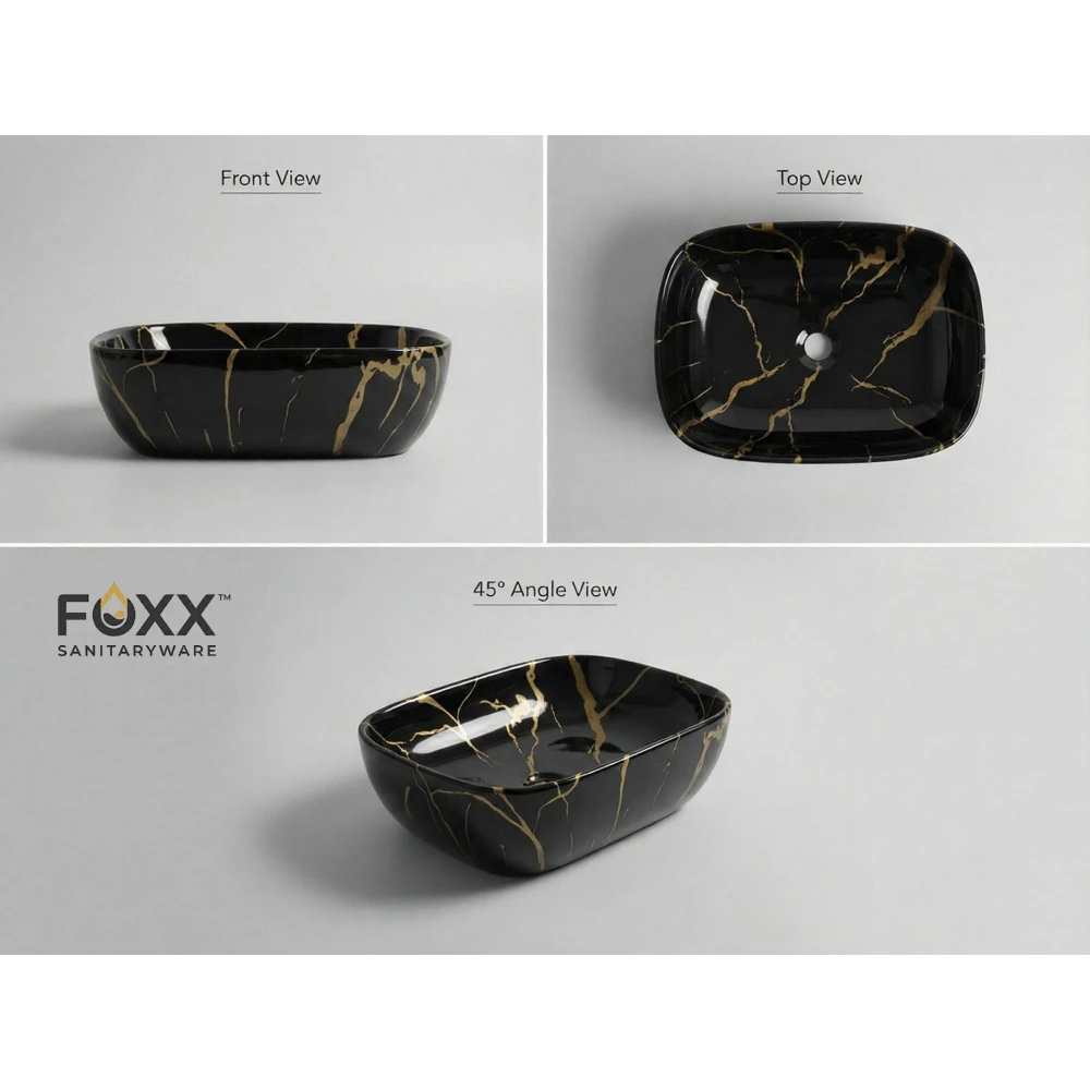 Foxx Sanitaryware Ceramic Premium Wash basin for Home, Hotels (18x13x5)(M-53) (18x13x5) Royal (M53) Table Top Basin (Foxx Midnight Gold)