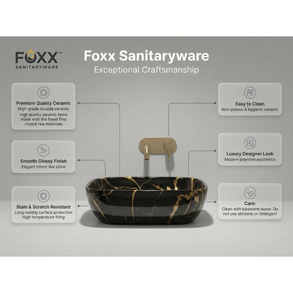 Foxx Sanitaryware Ceramic Premium Wash basin for Home, Hotels (18x13x5)(M-53) (18x13x5) Royal (M53) Table Top Basin (Foxx Midnight Gold)