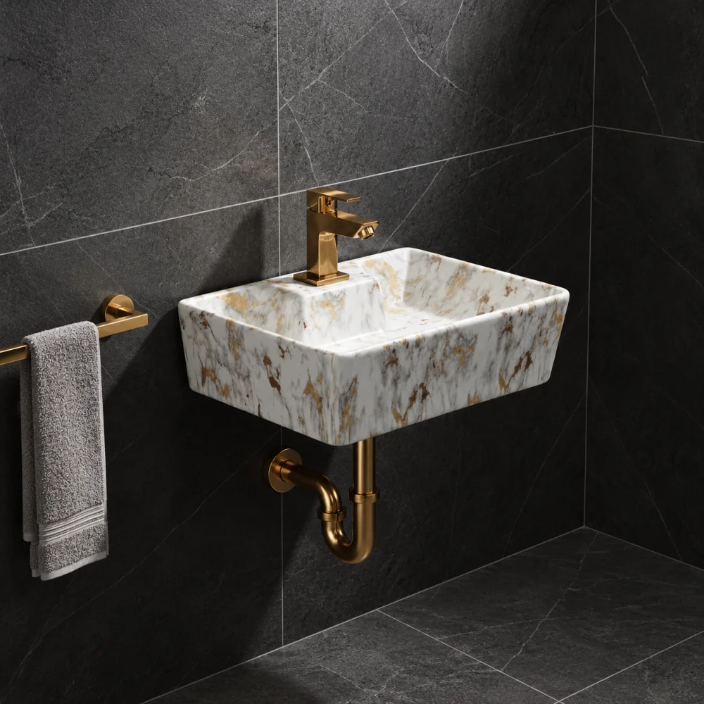 FOXX Ceramic Premium Wash basin for Home, Hotels (16x12x5)(M-01) (16x12x5) (M01) Royal White Marble Design Wall Hung Basin (Royal White Marble Design)