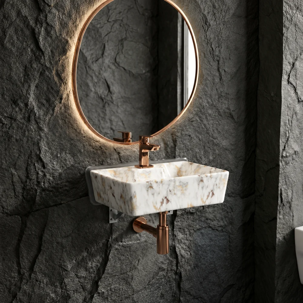Foxx Sanitaryware 2 in 1 Wall Mount & Table top Ceramic Premium Designer Wash Basin(16x12x5)(M-01) (16x12x5) (M001) Wall Hung Basin (White & Golden Marble Design)