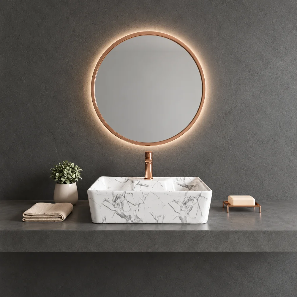 Foxx Sanitaryware 2 in 1 Wall Mount & Table Top Ceramic Premium Wash basin (M-06) (16x12x5) (M-06) Wall Hung Basin (White & Grey Marble Design)