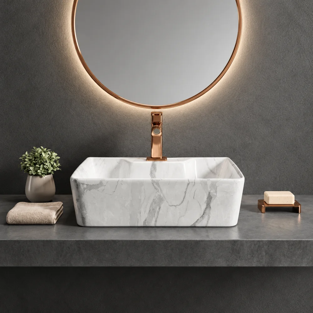 Foxx Sanitaryware 2 in 1 Wall Mount & Table Top Ceramic Premium Wash basin (M-08) (16x12x5) (M-08) Wall Hung Basin (Grey Marble Design)