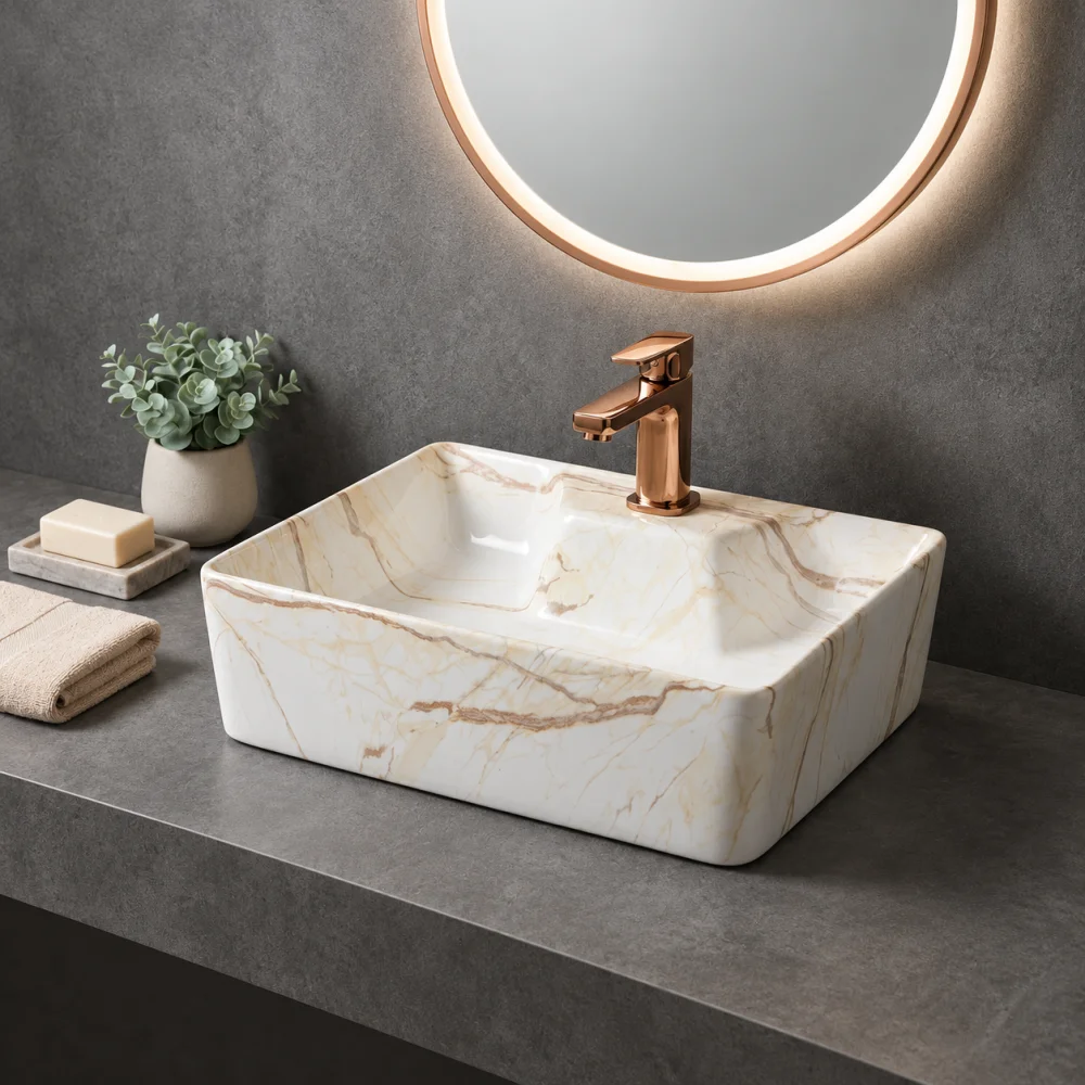 Foxx Sanitaryware 2 in 1 Wall Mount & Table Top Ceramic Premium Wash basin (M-09) (16x12x5) (M-09) Wall Hung Basin (Ivory Marble Design)