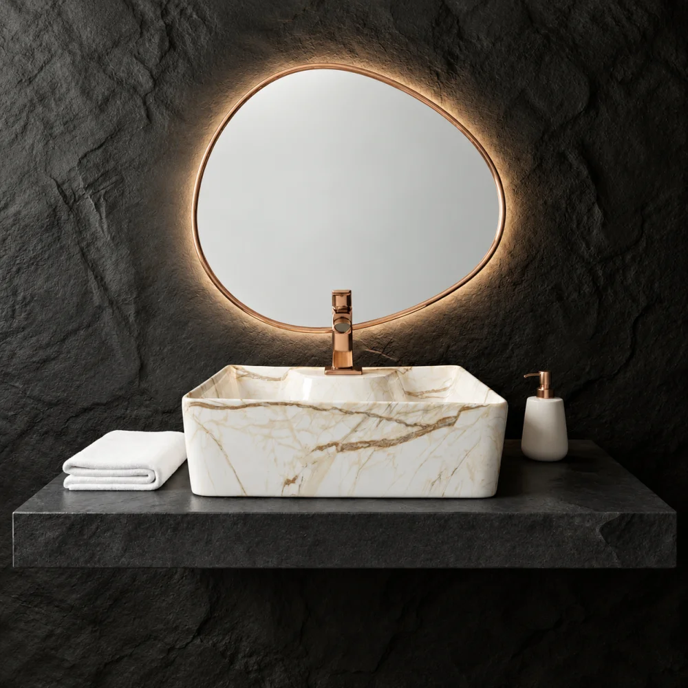 Foxx Sanitaryware 2 in 1 Wall Mount & Table top Ceramic Premium Designer Wash Basin(16x12x5)(M-09) (16x12x5) (M09) Wall Hung Basin (Ivory Marble Figure)