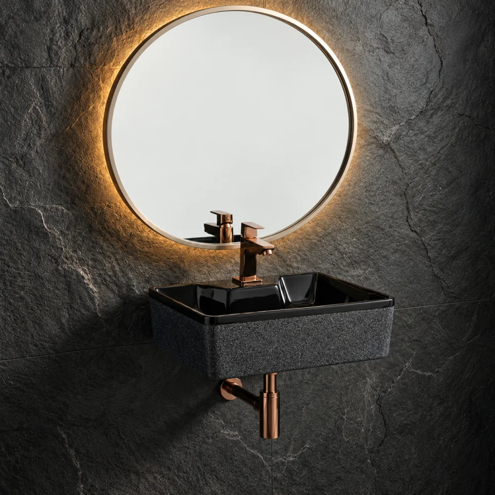 Foxx Sanitaryware 2 in 1 Wall Mount & Table top Ceramic Premium Designer Wash Basin(16x12x5)(M-22) (16x12x5) (M22) Wall Hung Basin (Black & Grey Structure Design)