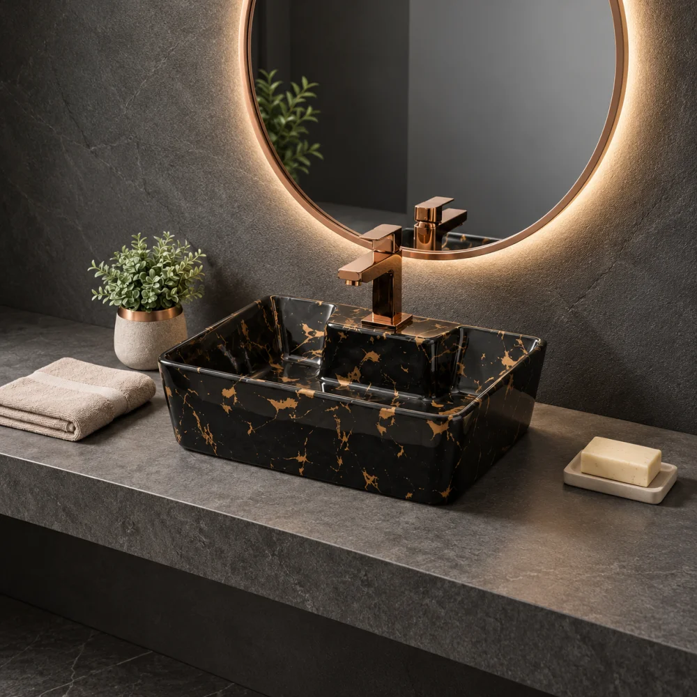 Foxx Sanitaryware 2 in 1 Wall Mount & Table Top Ceramic Premium Wash basin (M-24) (16x12x5) (M-24) Wall Hung Basin (Black & Gold Marble Design)