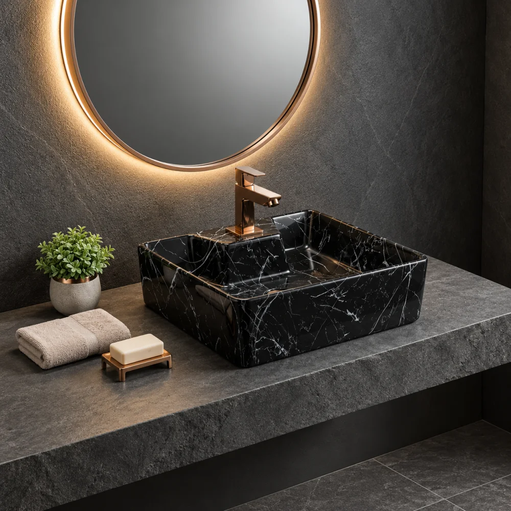 Foxx Sanitaryware 2 in 1 Wall Mount & Table Top Ceramic Premium Wash basin (M-25) (16x12x5) (M-25) Wall Hung Basin (Black & Grey Marble Design)