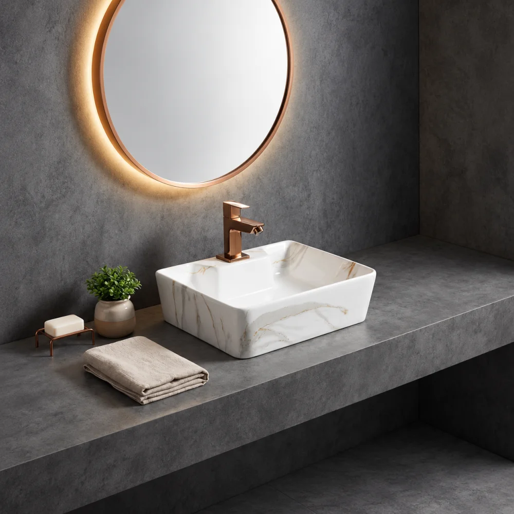 Foxx Sanitaryware 2 in 1 Wall Mount & Table Top Ceramic Premium Wash basin (M-34) (16x12x5) (M-34) Wall Hung Basin (White & Light Grey Marble Design)