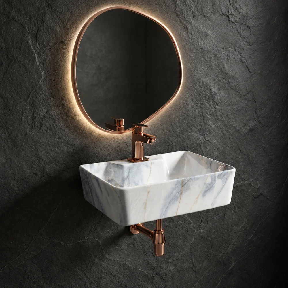 Foxx Sanitaryware 2 in 1 Wall Mount & Table top Ceramic Premium Designer Wash Basin(16x12x5)(M-49) (16x12x5) (M49) Wall Hung Basin (Blue Marble Design)