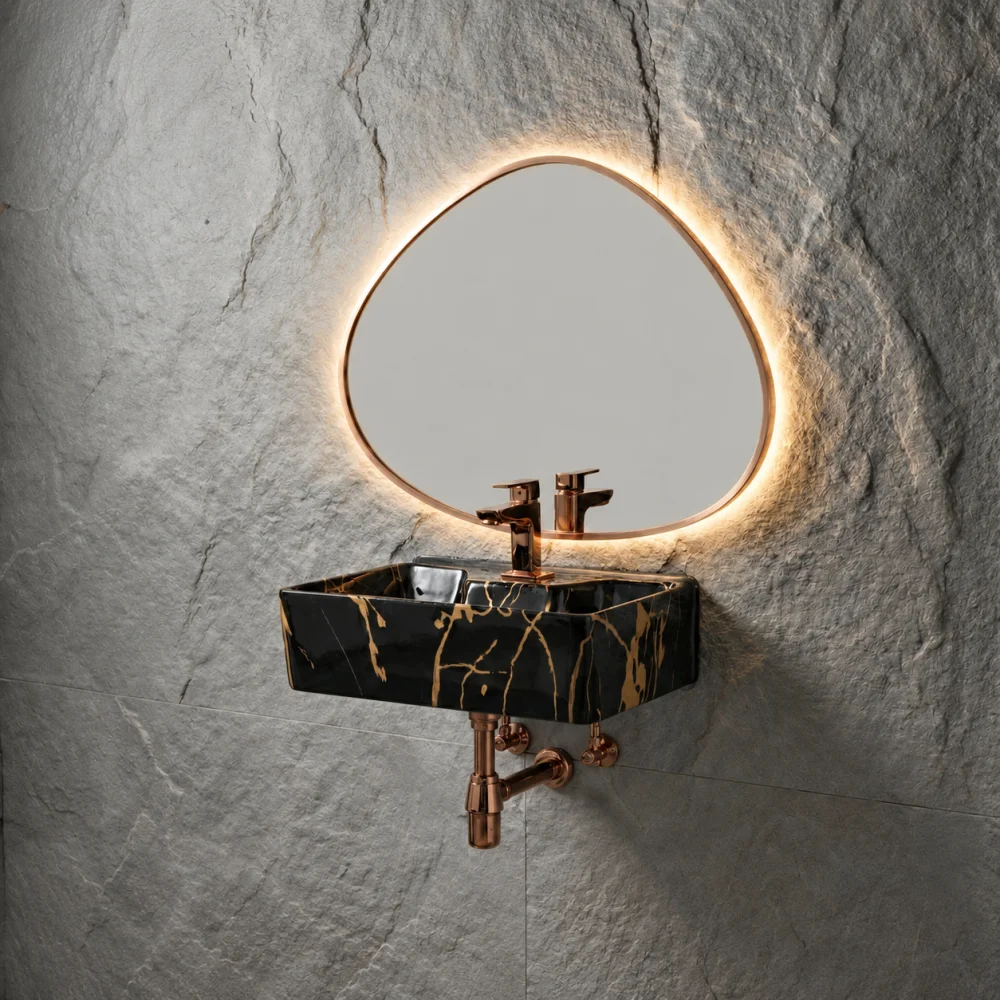 Foxx Sanitaryware 2 in 1 Wall Mount & Table top Ceramic Premium Designer Wash Basin(16x12x5)(M-07) (16x12x5) (M53) Wall Hung Basin (Black & Gold Design)