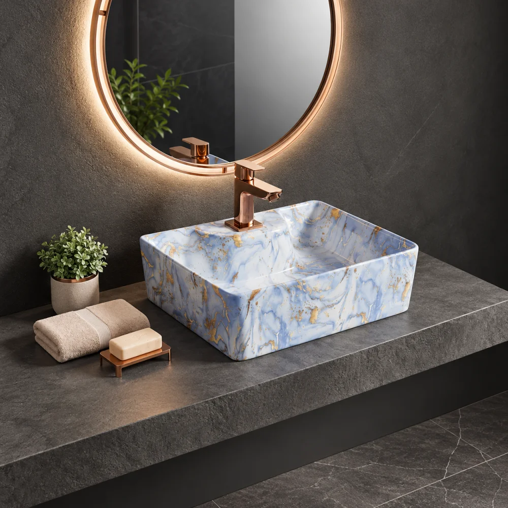 Foxx Sanitaryware 2 in 1 Wall Mount & Table Top Ceramic Premium Wash basin (M-61) (16x12x5) (M-61) Wall Hung Basin (Light Blue Marble Design)