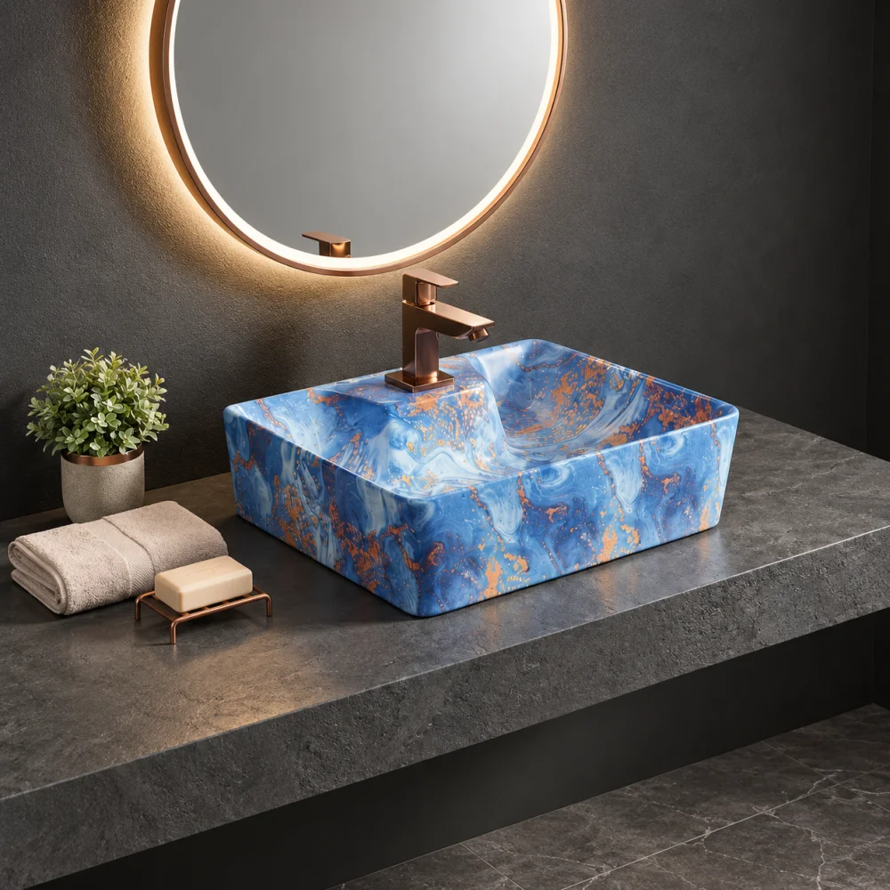Foxx Sanitaryware 2 in 1 Wall Mount & Table Top Ceramic Premium Wash basin (M-81) (16x12x5) (M-81) Wall Hung Basin (Blue Marble Design)