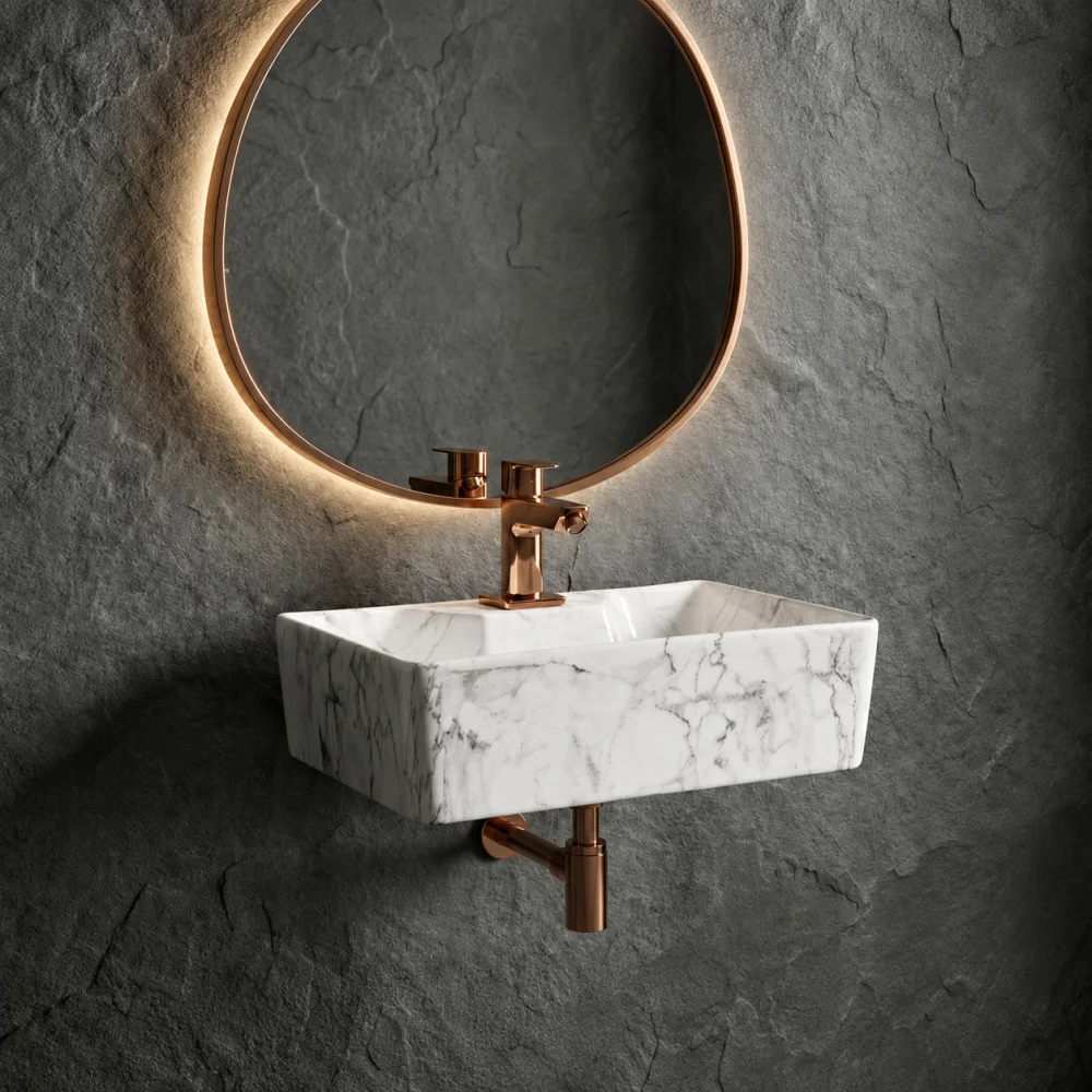 Foxx Sanitaryware 2 in 1 Wall Mount & Table top Ceramic Premium Designer Wash Basin(16x12x5)(M-05) (16x12x5) (M05) Wall Hung Basin (White & Light Grey Marble Design)
