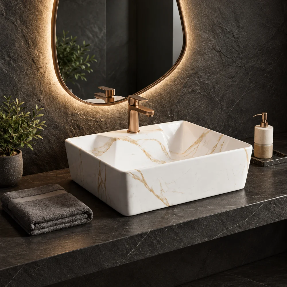 Foxx Sanitaryware 2 in 1 Wall Mount & Table Top Ceramic Premium Wash basin (M-34-OL) (16x12x5) (M34-OL) Wall Hung Basin (Light Ivory Marble Design)
