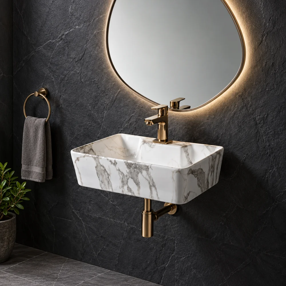Foxx Sanitaryware 2 in 1 Wall Mount & Table top Ceramic Premium Designer Wash Basin(16x12x5)(M-60) (16x12x5) (M60) Wall Hung Basin (White & Grey Marble Figure)