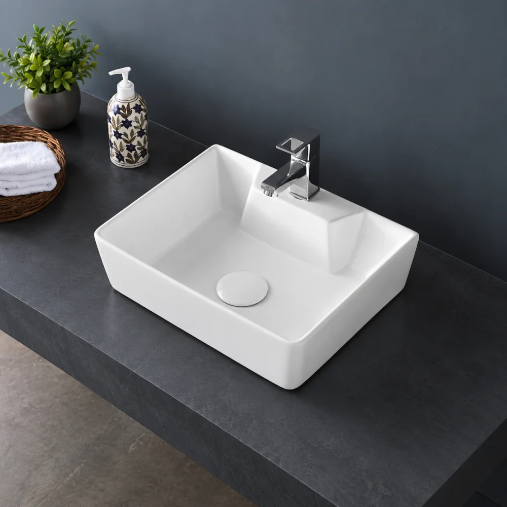 FOXX 2 in 1 Premium White Ceramic Wash Basin(White Gloss) (16x12x5) (16x12x5)(High Goss White) Table Top Basin (White)