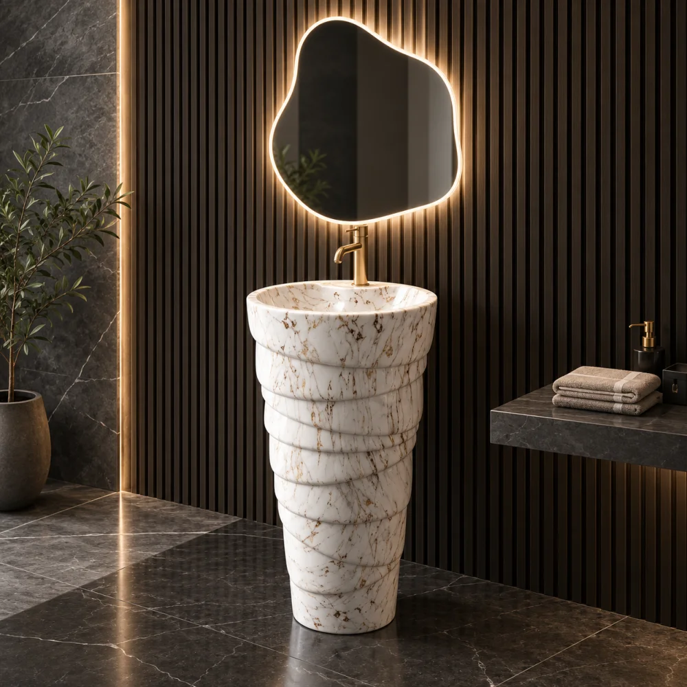 Foxx Sanitaryware Ceramic Premium Designer Pedestal Wash basin for Home, Hotels (M-01) Ice-Cream Cone Pedestal (M-01) Pedestal Basin (White & Golden Marble Design)