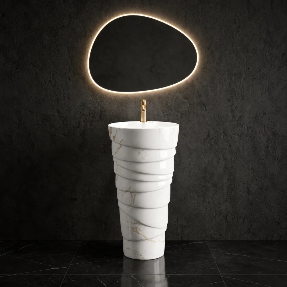 Foxx Sanitaryware Ceramic Premium Designer Pedestal Wash basin for Home, Hotels (M-34 OL) Ice-Cream Cone Pedestal (M-34 OL) Pedestal Basin (White & Light Brown Marble Design)