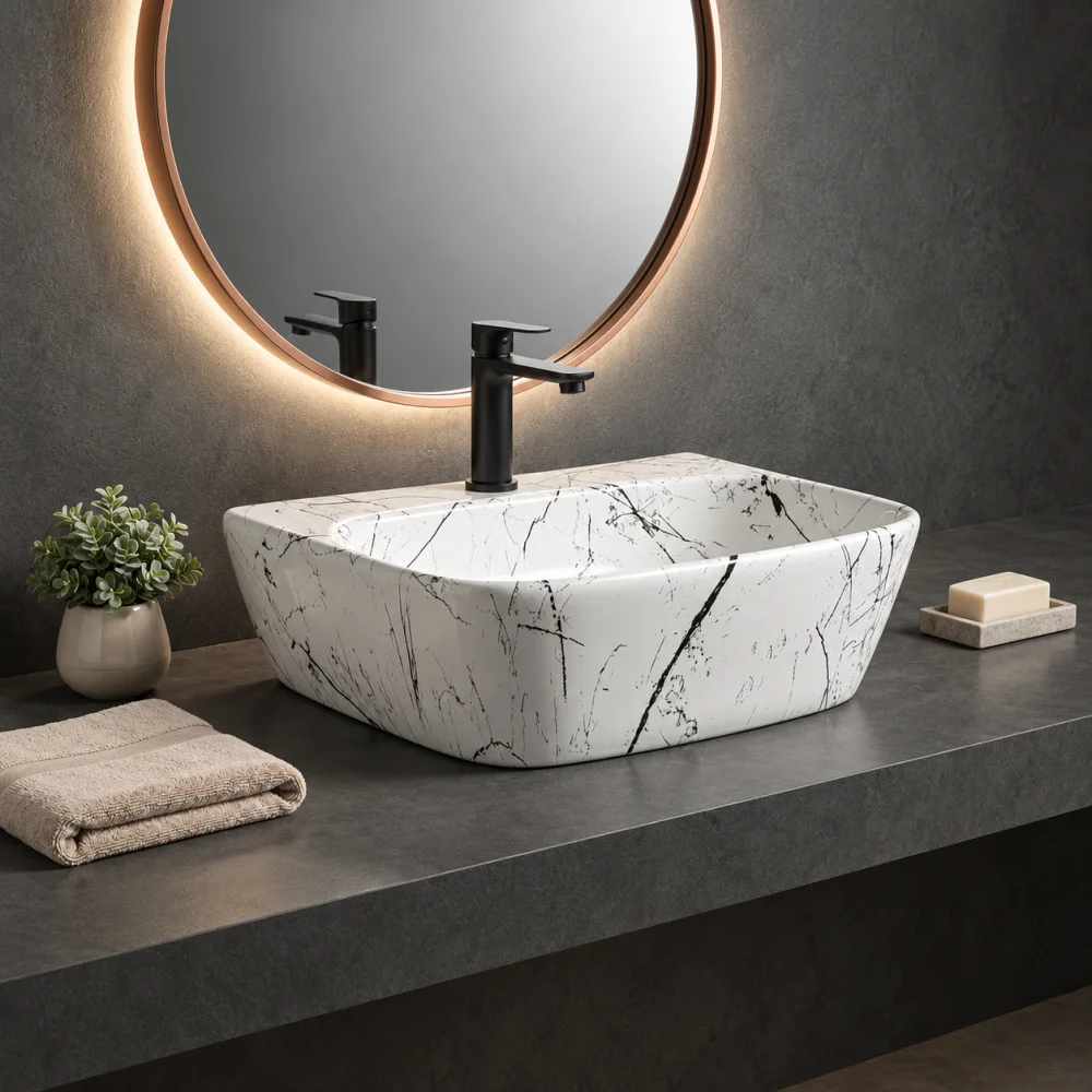 Foxx Sanitaryware 2 in 1 Wall Mount & Table Top Ceramic Premium Wash basin DD2 (M-06) New (16x12x5) DD2 (M-06) New Wall Hung Basin (White & Black Marble Design)