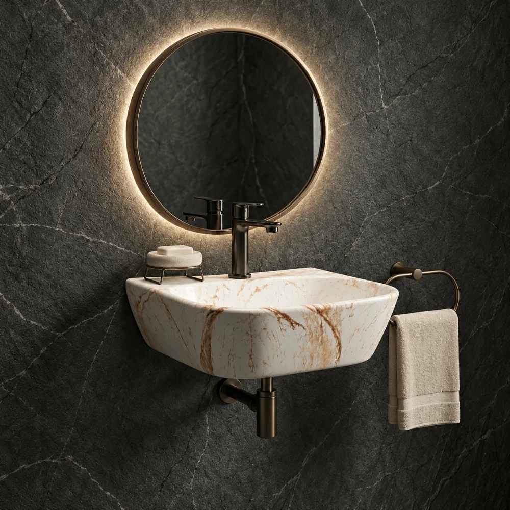 Foxx Sanitaryware 2 in 1 Wall Mount & Table Top Ceramic Premium Wash basin DD2 (M-10) (16x12x5) DD2 (M-10) Wall Hung Basin (White & Beige Marble Design)