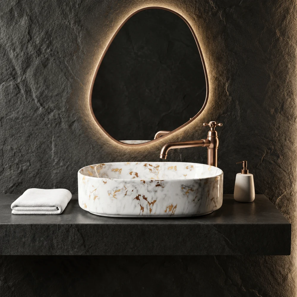 Foxx Sanitaryware Ceramic Premium Wash basin for Home, Hotels (19x13x5)(M-01) (18x13x5) Royal (M01) Table Top Basin (Golden & White Marble Design)