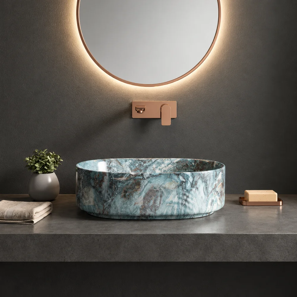 Foxx Sanitaryware Ceramic Premium Designer Wash basin for Home, Hotels (19x13x5)(M-16) (19x13x5) (M-16) Table Top Basin (Blue Marble Design)