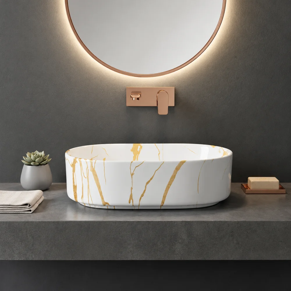 Foxx Sanitaryware Ceramic Premium Designer Wash basin for Home, Hotels (19x13x5)(M-51) (19x13x5) (M-51) Table Top Basin (White & Gold Marble Design)