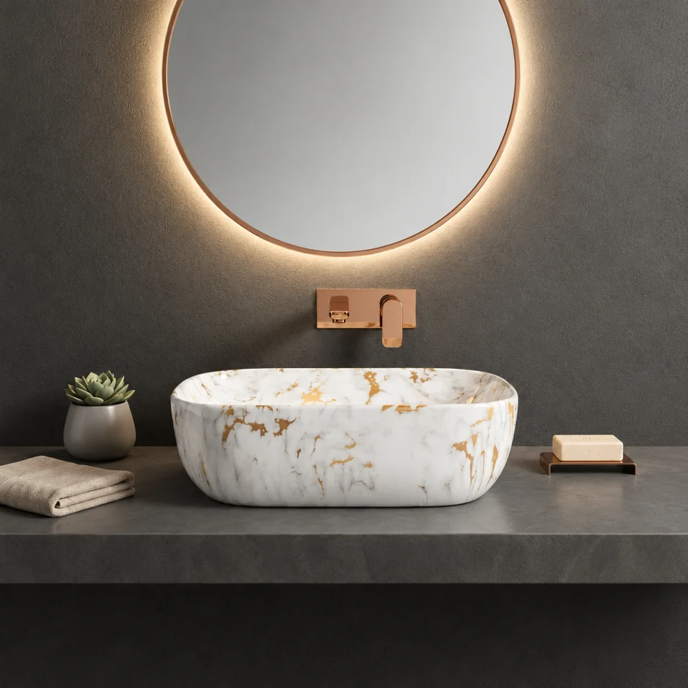 Foxx Sanitaryware Ceramic Premium Designer Wash basin for Home, Hotels (18x13x5)(M-01) (18x13x5) (M-01) Table Top Basin (White & Gold Marble Design)