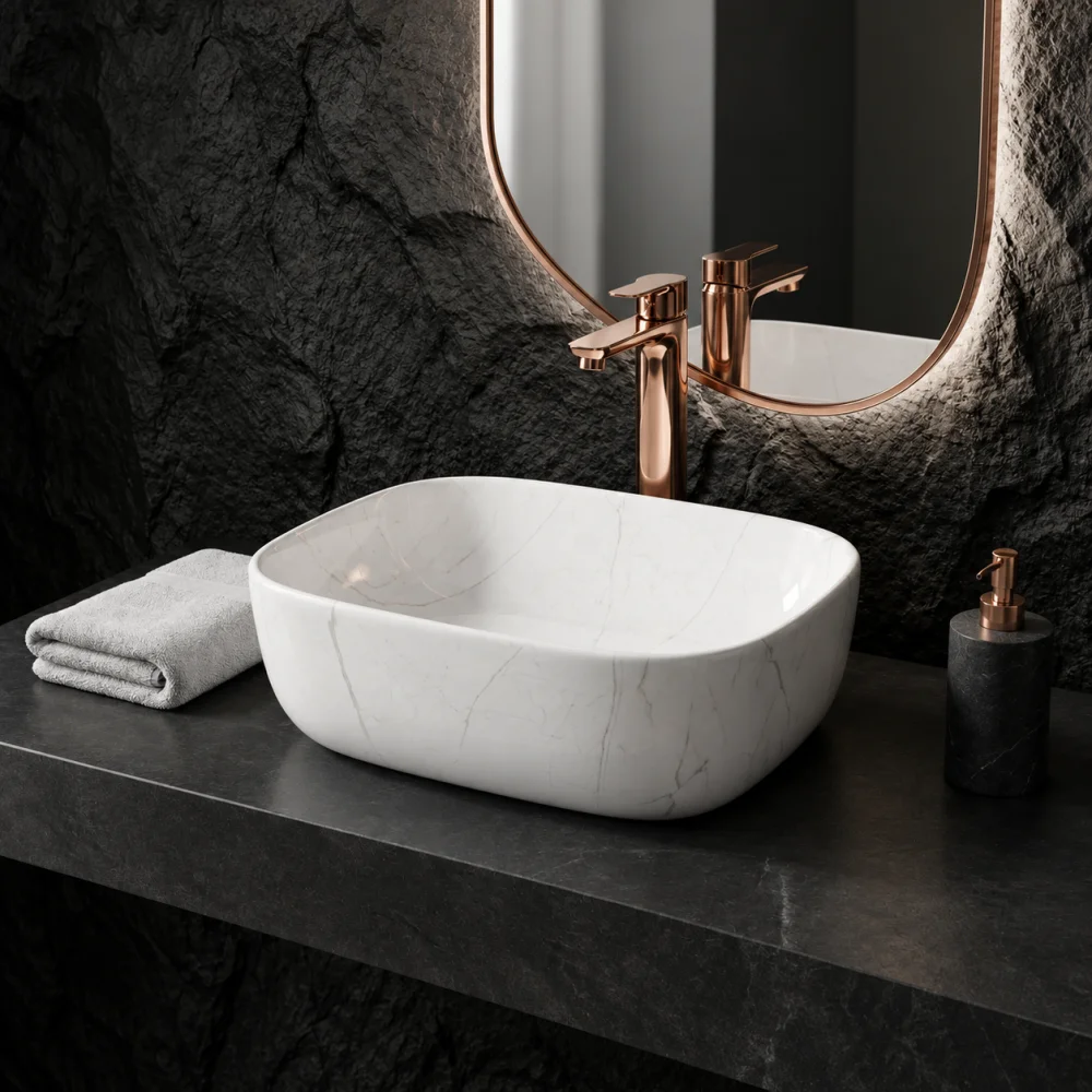 Foxx Sanitaryware Ceramic Premium Designer Wash basin for Home, Hotels (18x13x5)(M-02) (18x13x5) (M-02) Table Top Basin (Light Grey & White Marble Design)