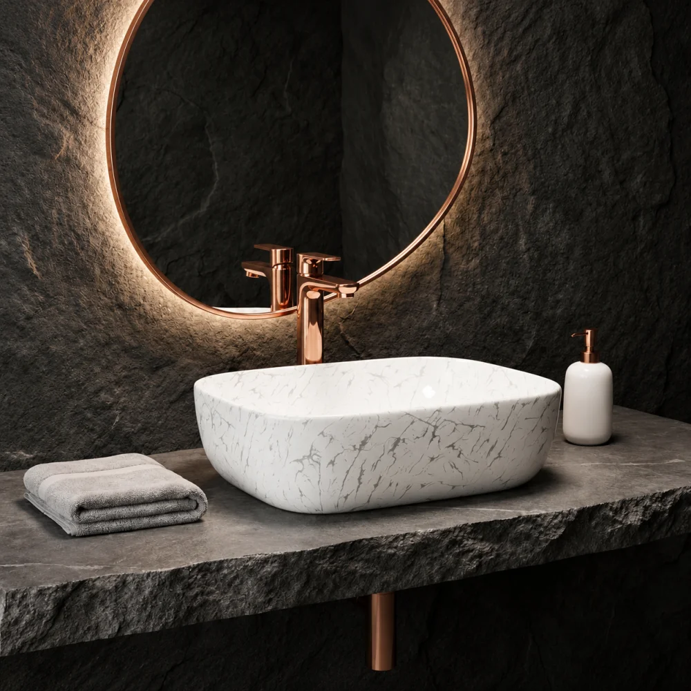 Foxx Sanitaryware Ceramic Premium Designer Wash basin for Home, Hotels (18x13x5)(M-03) (18x13x5) (M-03) Table Top Basin (White & Silver Design)