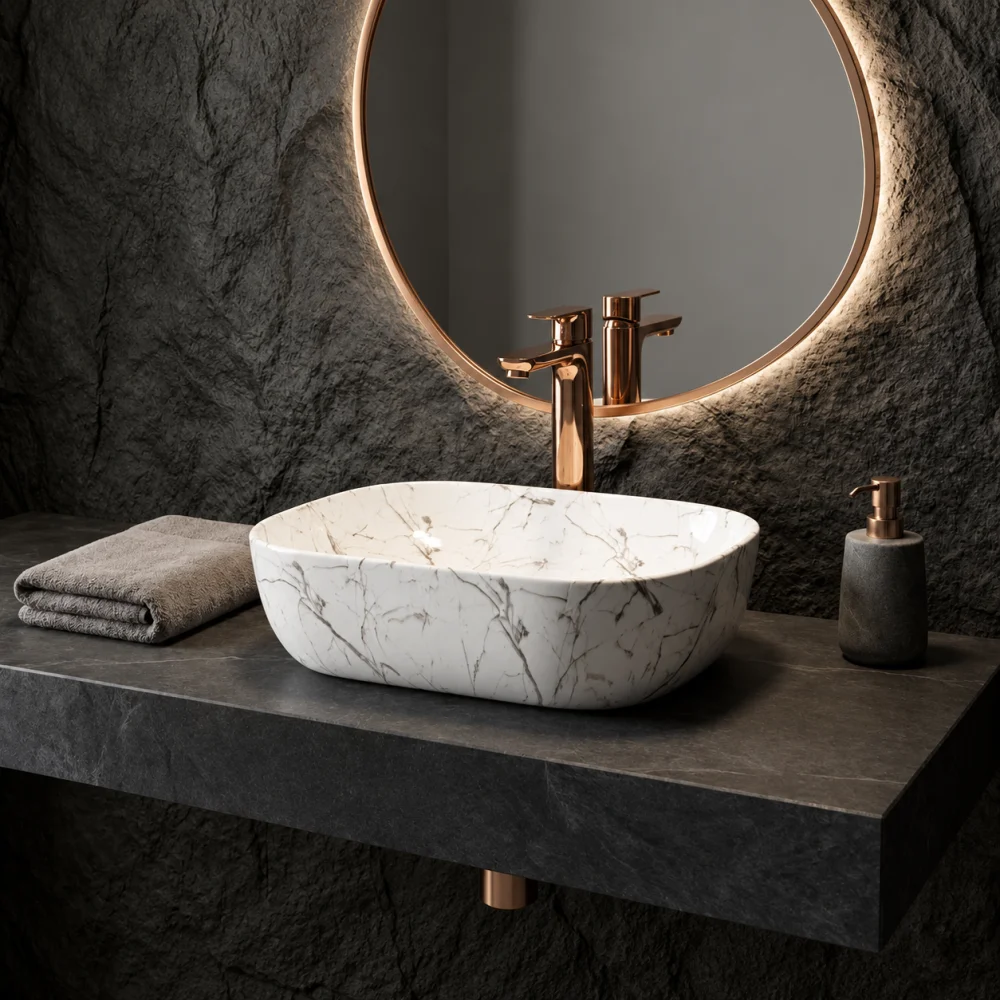 Foxx Sanitaryware Ceramic Premium Designer Wash basin for Home, Hotels (18x13x5)(M-06) (18x13x5) (M-06) Table Top Basin (White & Grey Marble Design)
