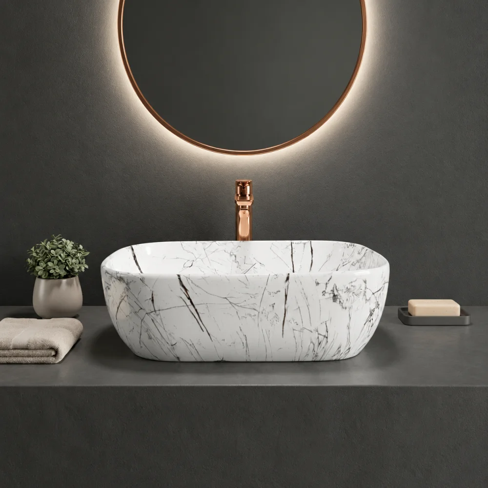 Foxx Sanitaryware Ceramic Premium Designer Wash basin for Home, Hotels (18x13x5)(M-06) New (18x13x5) (M-06) New Table Top Basin (White & Black Marble Design)