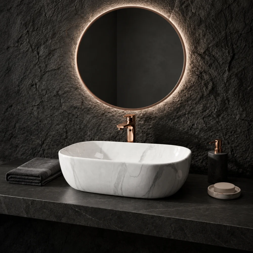 Foxx Sanitaryware Ceramic Premium Designer Wash basin for Home, Hotels (18x13x5)(M-08) (18x13x5) (M-08) Table Top Basin (Grey Marble Design)