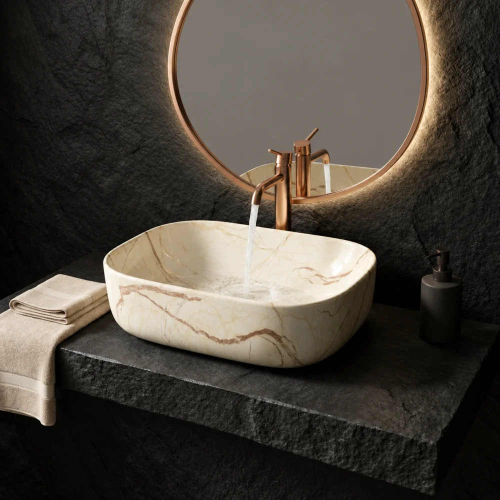 Foxx Sanitaryware Ceramic Premium Designer Wash basin for Home, Hotels (18x13x5)(M-09) (18x13x5) (M-09) Table Top Basin (New Ivory Marble Design)