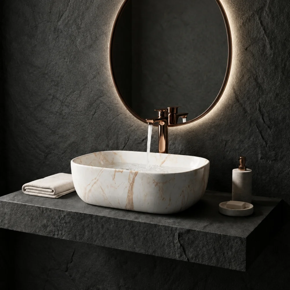 Foxx Sanitaryware Ceramic Premium Designer Wash basin for Home, Hotels (18x13x5)(M-10) (18x13x5) (M-10) Table Top Basin (Brown Marble Design)