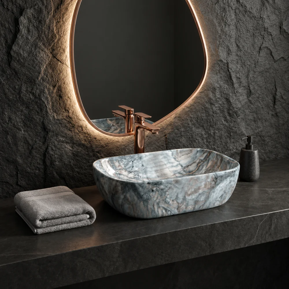 Foxx Sanitaryware (18x13x5) Royal (M16) Table Top Basin (Blue & Multicolor Marble Design)
