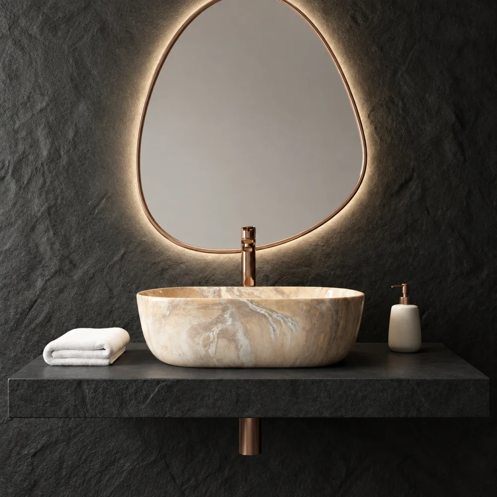 Foxx Sanitaryware Ceramic Premium Designer Wash basin for Home, Hotels (18x13x5)(M-18) (18x13x5) Royal (M18) Table Top Basin (Beige Marble Design)