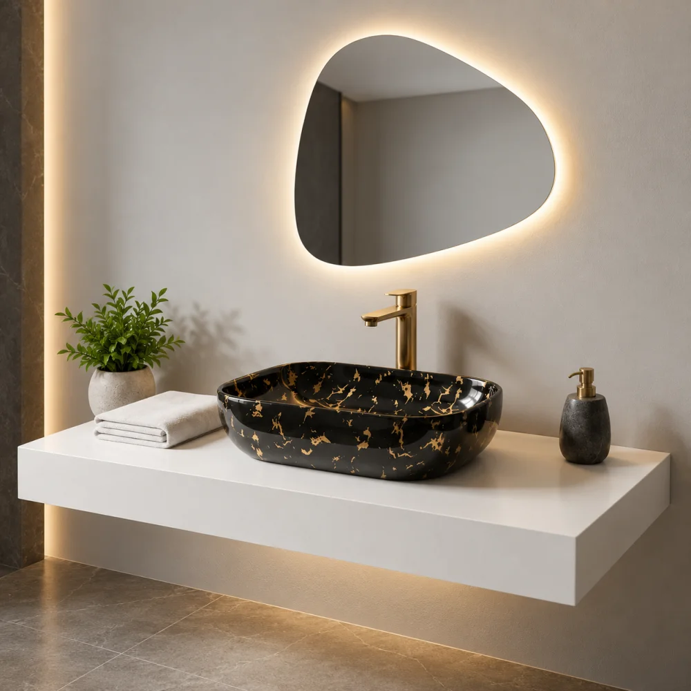 Foxx Sanitaryware Ceramic Premium Wash basin for Home, Hotels (18x13x5)(M-24) (18x13x5) Royal (M24) Table Top Basin (Midnight Gold)