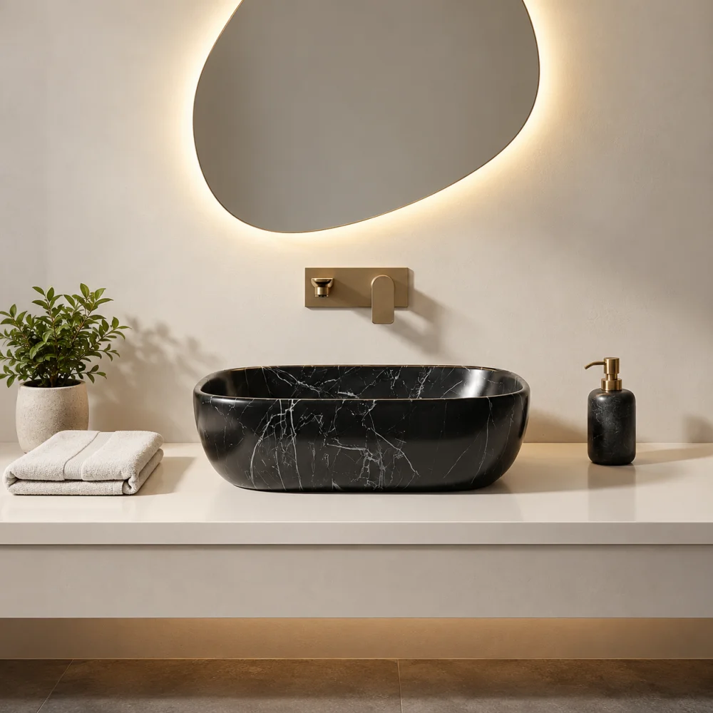 Foxx Sanitaryware Ceramic Premium Wash basin for Home, Hotels (18x13x5)(M-25 Matt) (18x13x5) Royal (M25 Matte) Table Top Basin (Black Galaxy Matte)