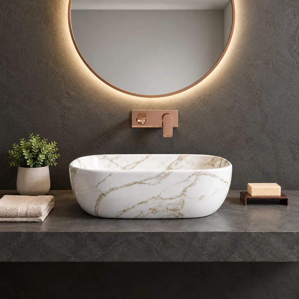 Foxx Sanitaryware Ceramic Premium Designer Wash basin for Home, Hotels (18x13x5)(M-34) (18x13x5) (M-34) Table Top Basin (White & Light Grey Marble Design)