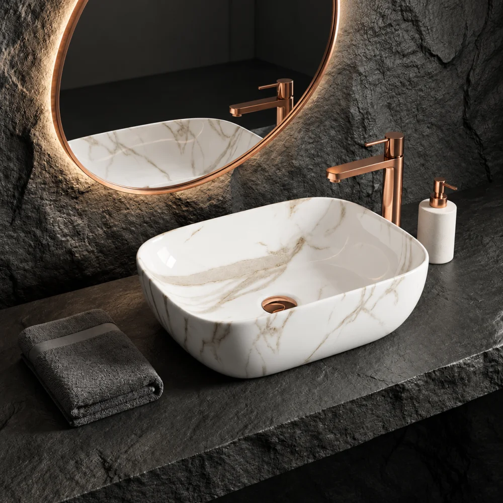 Foxx Sanitaryware Ceramic Premium Designer Wash basin for Home, Hotels (18x13x5)(M-34) (18x13x5) Royal (M34) Table Top Basin (White & Light Grey Marble Design)
