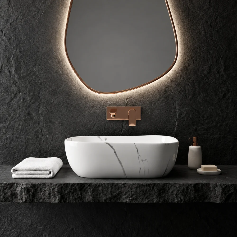 Foxx Sanitaryware Ceramic Premium Designer Wash basin for Home, Hotels (18x13x5)(M-34 New) (18x13x5) Royal (M34 New) Table Top Basin (Dark Grey & White Marble Design)