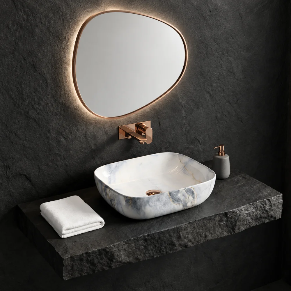 Foxx Sanitaryware Ceramic Premium Designer Wash basin for Home, Hotels (18x13x5)(M-49) (18x13x5) Royal (M49) Table Top Basin (Light Blue Marble Design)